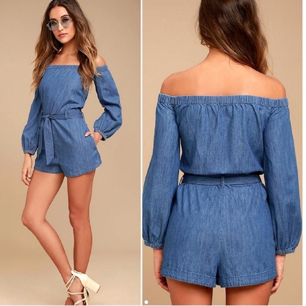 Free People Blue Tangled In Willows Denim Off-the-shoulder Romper/Jumpsuit